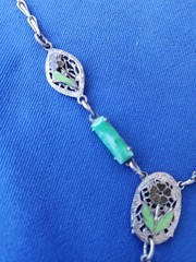 ORIGINAL Art DECO 1920 CZECH GREEN PEKING GLASS ENAMEL FILIGREE Rhodium NECKLACE