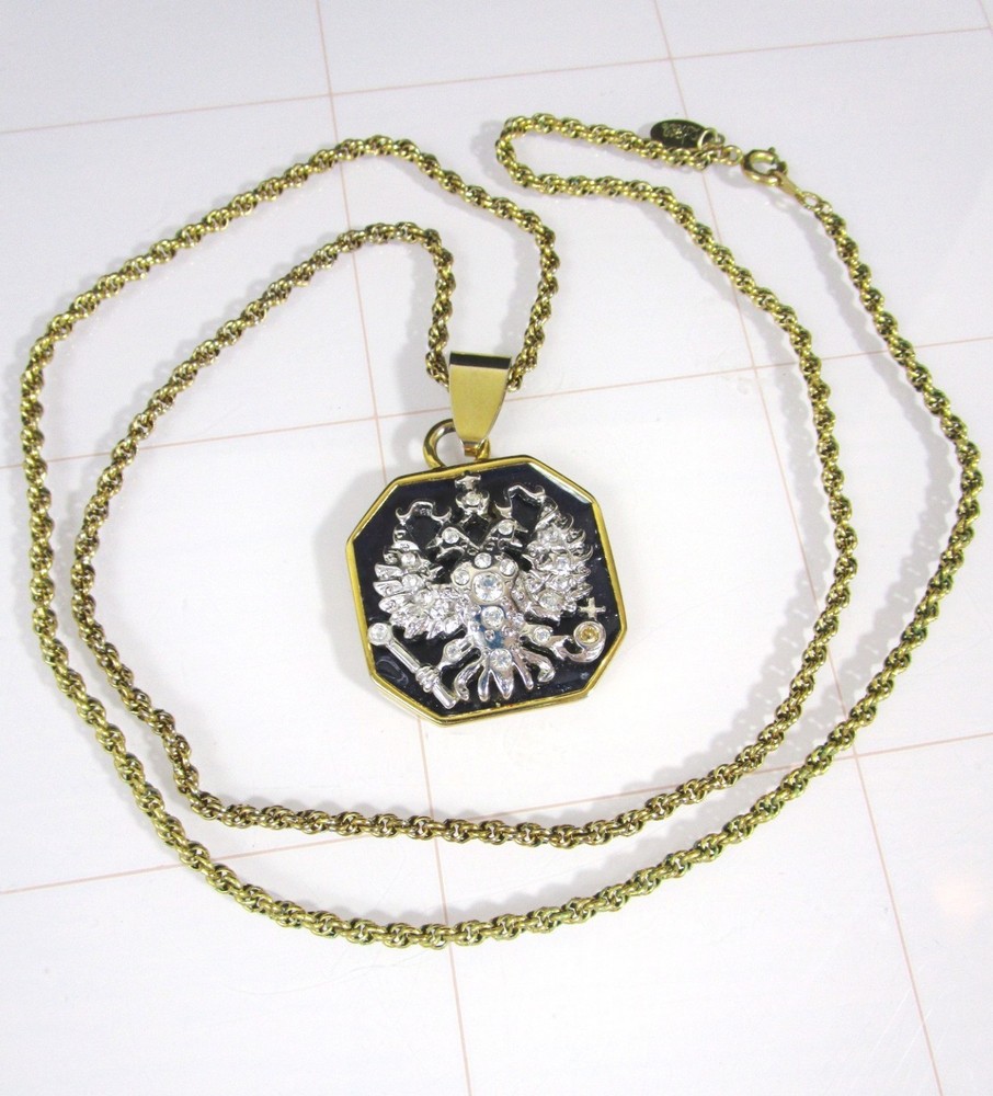 Joan Rivers Gold Black Silver Enamel Imperial Eagle Russian Crest Necklace vtg