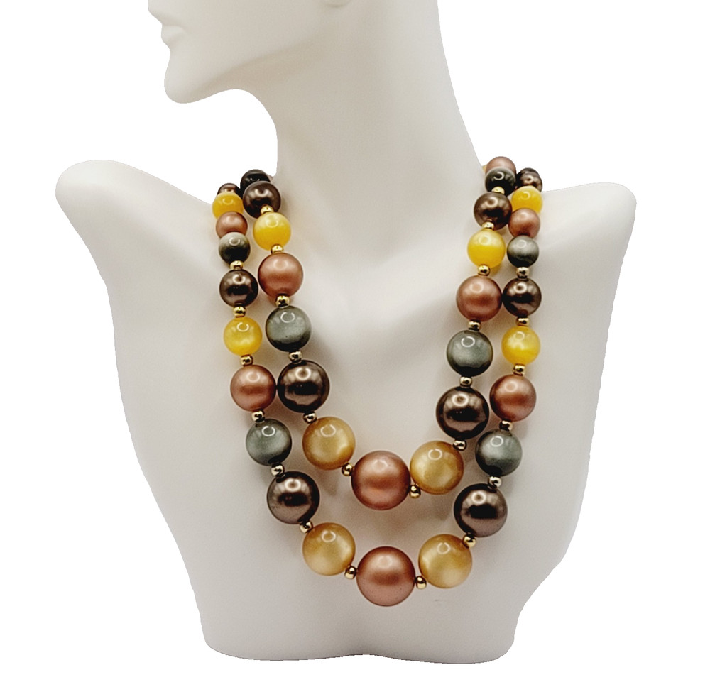 Autumn Colors Moonglow Lucite Bead Graduated Double Strand Vintage MCM Necklace