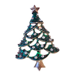 Christmas Tree Vintage Brooch Green Enamel Clear Rhinestones Cut-Outs