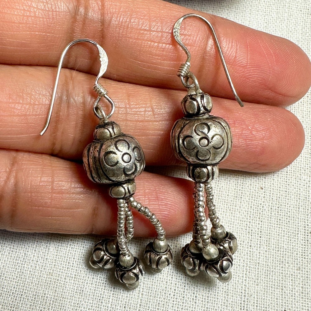 VTG 925 Sterling Silver Filigree Circle Thai Ornament Tassel Earrings Drop 4.5cm