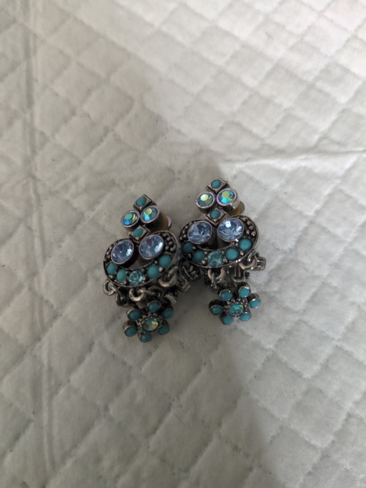 Signed Kirks Folly Blue Rhinestone Floral Chandelier Clip On Earrings Vintage
