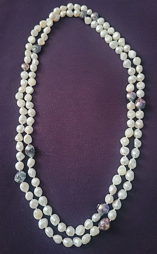 52″ Knotted Baroque Freshwater Pearl Rope Necklace Dark Iridescent Accent Pearls