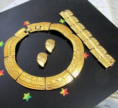 Vtg Rare Set MONET Runway EGYPTIAN Embellished GP Necklace Bracelet Earrings EXC