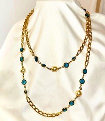 Blue Bezel & Pearl Chain Necklace and earrings • Gold Tone Layered Statement Jew