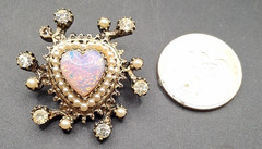 Vintage Gold Tone Opalite Heart Brooch Pin Rhinestone Accents Faux Opal