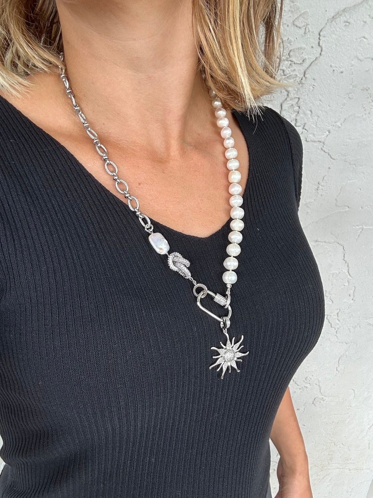 White natural pearl half chain necklace, cz removable pendant sun
