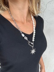 White natural pearl half chain necklace, cz removable pendant sun