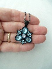 Vintage Sky Blue Rhinestone Cluster Black Enamel Pendant Necklace