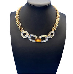 Vintage Gold‑Tone Pavé Link Necklace w/ Yellow Gemstone & Rhinestones