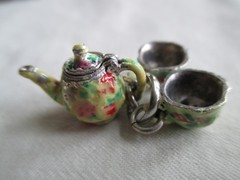 Vtg Sterling Charm Set of Floral Enamel Teapot Lid Lifts & Cups Brown County