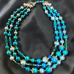 Vintage 3 Strand MCM Art Glass Lucite Bead Necklace Aqua Teal Blue 1950s-1960s