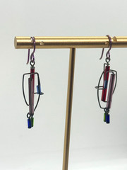 Vintage Barbie Levy Art Glass Earrings Dangling Blue Purple Red Abstract
