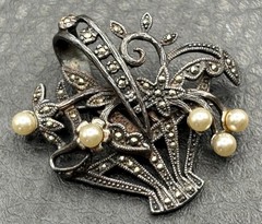 Vintage Sterling Silver 925 Marcasite Pearl Basket Brooch Pin