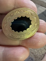 Victorian Ornate Mourning Brooch Etched Gold Fill Metal Onyx Center C Clasp Pin