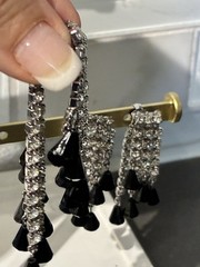 VTG BLACK JET & CLEAR RHINESTONE WATERFALL BROOCH & EARRINGS SET