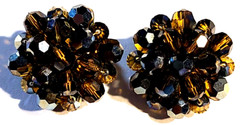VINTAGE STUNNING GOLD SILVER TONE AMBER COLOR FACETED GLASS CLIP ON EARRINGS