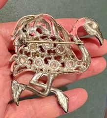 VTG Pot Metal Brooch Bird Pink Enamel Moonglow Rhinestone Silver Tone Flamingo