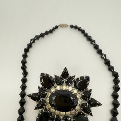 Vintage Brooch Necklace Set Black Glass Clear Rhinestones
