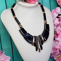 Vintage JAPAN Black Lucite Bead Choker Gold Tone Mid Century Statement Necklace