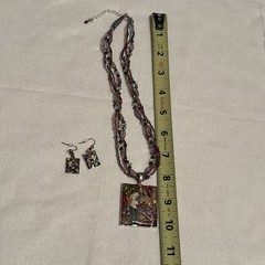 Vintage Necklace Pendant Earring Set Art Enamel 1990-2000’s “Dating Girl”
