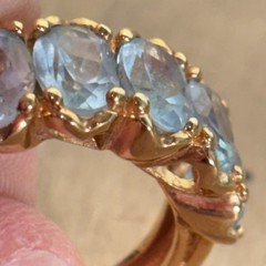 Gold Tone Costume Ring w Channel Set Blue Stones, China Sz 8.75