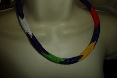 #152A NECKLACE WRAP AROUND NECK BLUE WHITE GREEN RED YELLOW MICRO SEED BEADS