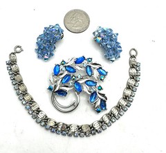 Lot Blue Sarah Coventry Marquise Cab Brooch AB Earrings & Silver Tone Bracelet