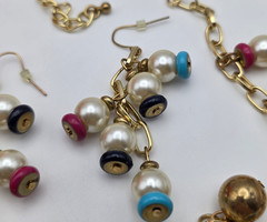 Vintage Gold Tone Faux Pearl Colorful Disc Fringe Necklace Earrings Set 36 In