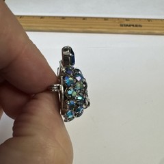 Vintage WARNER Cat Face Blue Green AB Rhinestone Brooch pin 1960’s kitten head