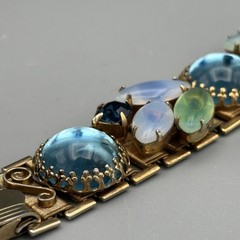 Vintage Bracelet Opaline Navette Glass Cabochon Rhinestone Gold Tone 6.5″ READ