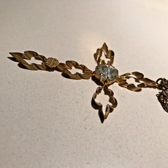 Vintage 3″ Gold Tone Cross 20″ Necklace Simulated Diamond April Birthstone