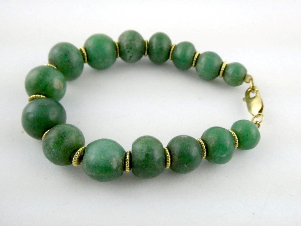Vintage 14k Yellow Gold and Green Aventurine Bead Strand Bracelet 32.5g 6.25 In