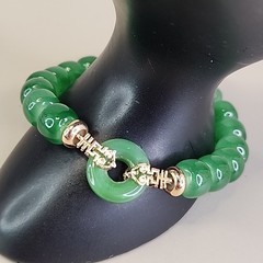 Glass Beaded Stretch Bracelet Green Faux Jade Asian Gold Tone 6.5″