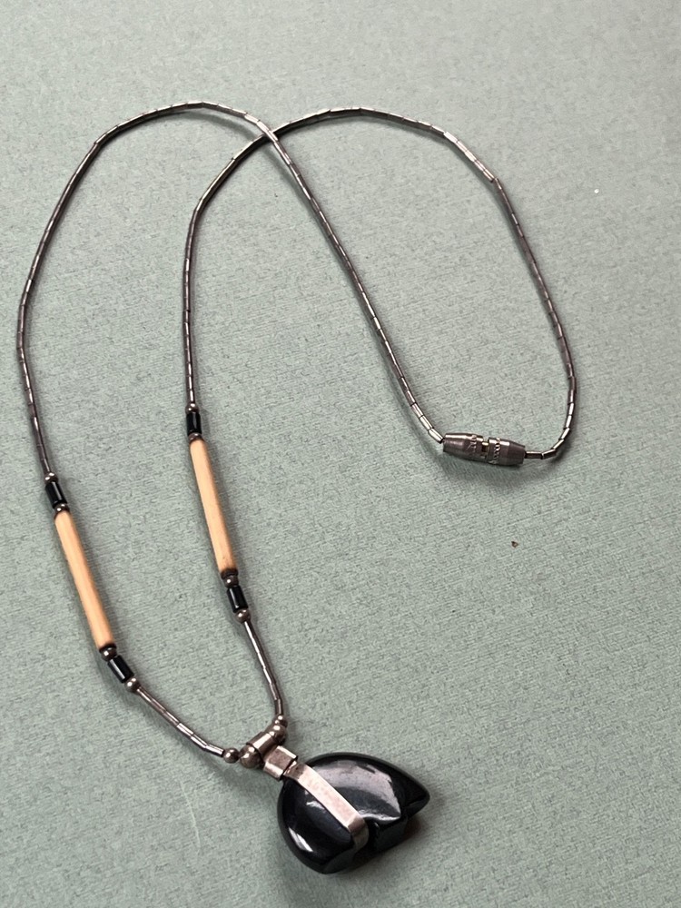Old Pawn Liquid Silver Chain w Faux Porcupine Quill Bead & Black Plastic Tribal