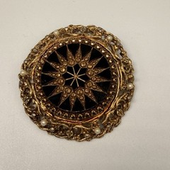 Vintage Victorian Revival Brooch Lot of 2 Gold Black Enamel Tassel Filigree