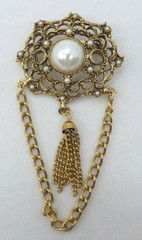 Vintage Faux Pearl Bar Brooch Pin Cabochon Ornate Gold Tone Metal Chain Tassel