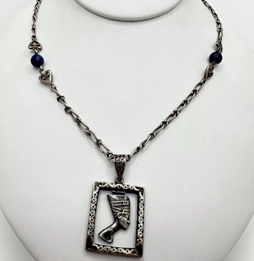 VTG Silver Egyptian Revival Goddess Necklace Blue Glass/stone Bead Unsigned Read
