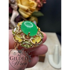 Vintage 14K Gold Jade & Tourmaline Estate Cocktail Ring | Size 7 | 4.94g
