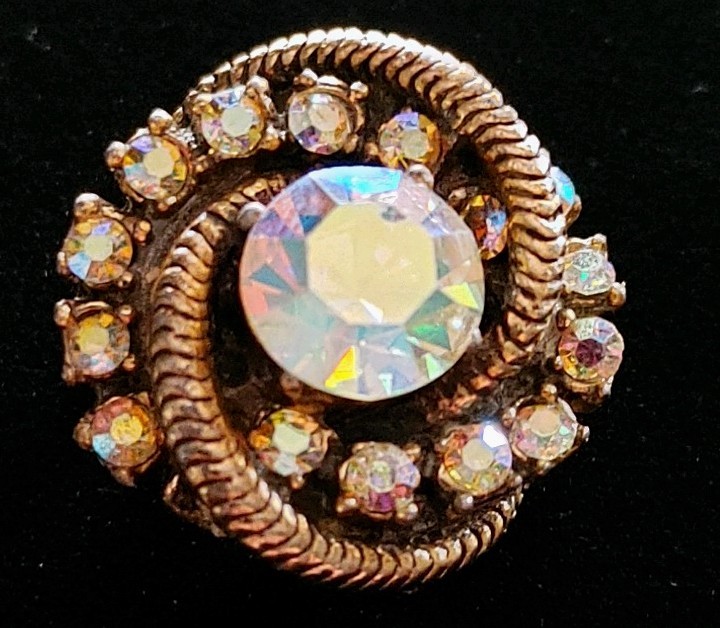 Vintage Aurora Borealis AB Rhinestone Prong Set Swirl Button Brooch Gold Tone