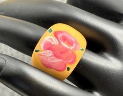 Vintage Bakelite Dome Ring Hand Painted Pink Flower Yellow Cream Statement 5.5