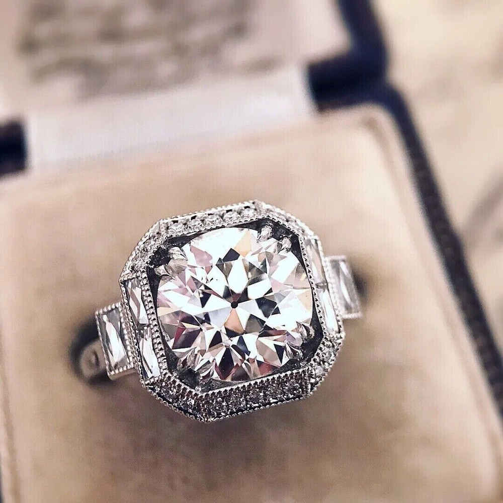 Art Deco 3.00CT White Round Simulated Diamond Antique Wedding Ring In 925 Silver