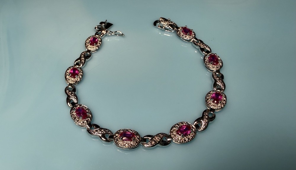 7.5” Ross Simons Sterling Silver Pink Topaz Infinity Link Tennis Bracelet 11.6g