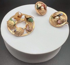 Vtg SARAH COVENTRY Pin Brooch Earrings Set Gold Tone Autumn Leaves Chunky Stones