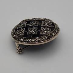 Vintage Art Deco Markasite Round Geometric Domed Sterling Silver 925 Brooch Pin