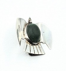 Sterling Silver Thunderbird Green Cabochon Vintage Mexican Small Brooch 1″ Pin