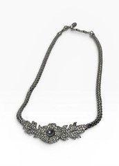 Vintage Silvertone Oak Leaf Rhinestone Necklace Gray Faux Pearl Collar Choker