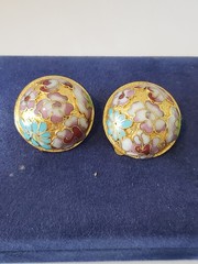 Vintage Floral Cloisonne Domed Round Clip Earrings Multicolored Gold Tone