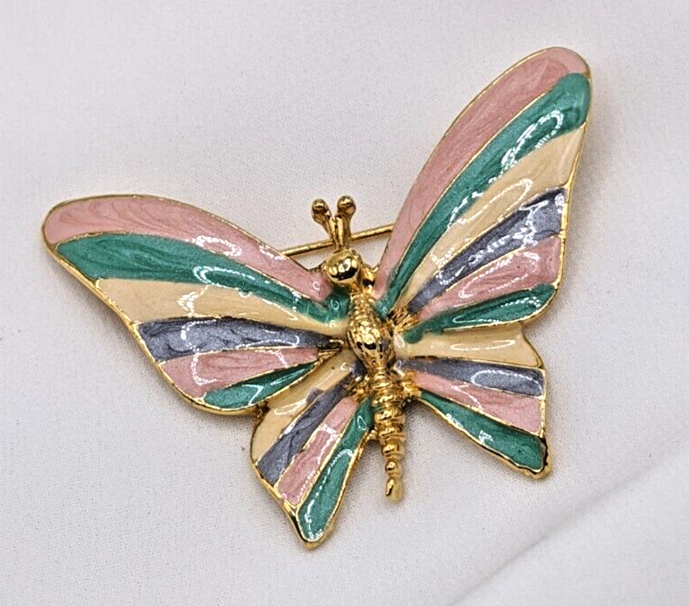 Vintage Butterfly Brooch Pin Pastel Pink Yellow Lavender Enamel Gold Tone Estate
