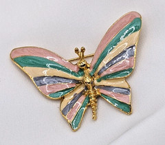 Vintage Butterfly Brooch Pin Pastel Pink Yellow Lavender Enamel Gold Tone Estate